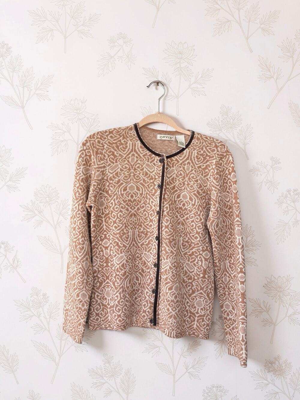 Vintage Orvis Womens S Wool Blend Cardigan Brown Beige Jacquard Button Sweater